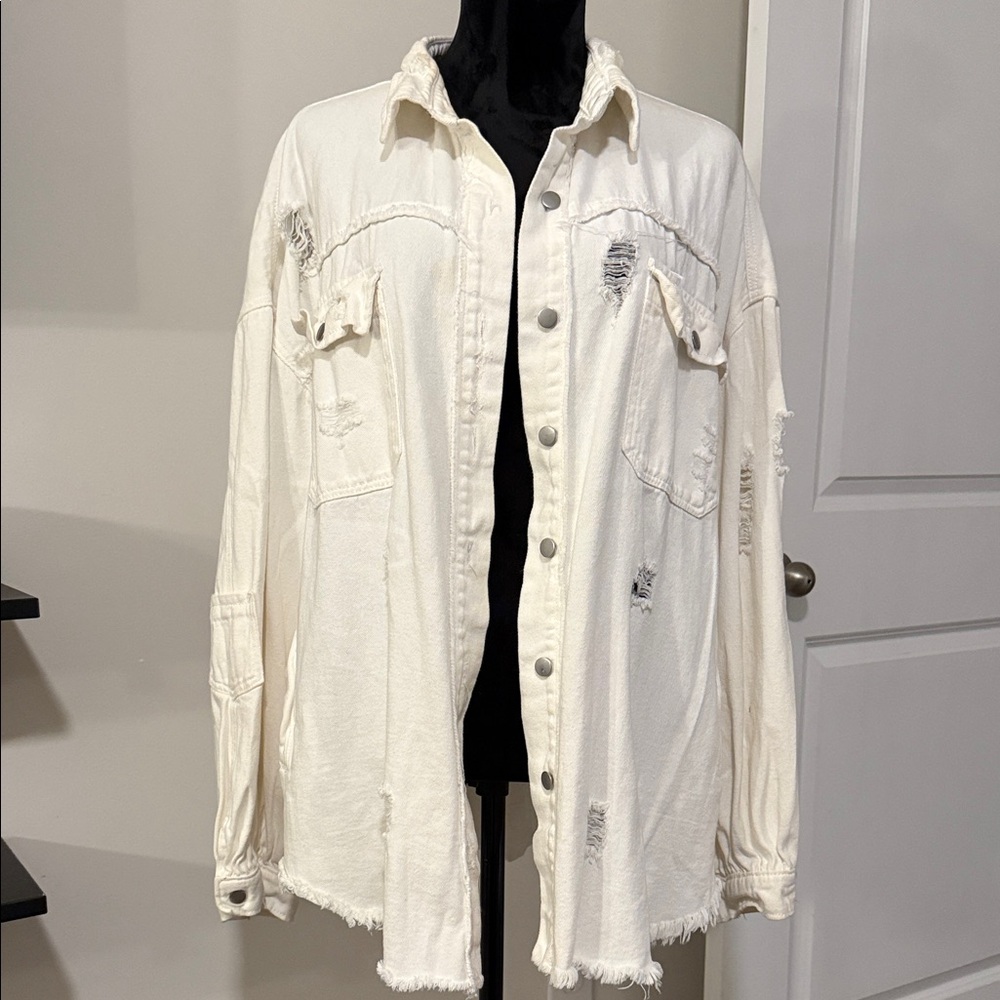 VICI Distressed White Denim Shacket